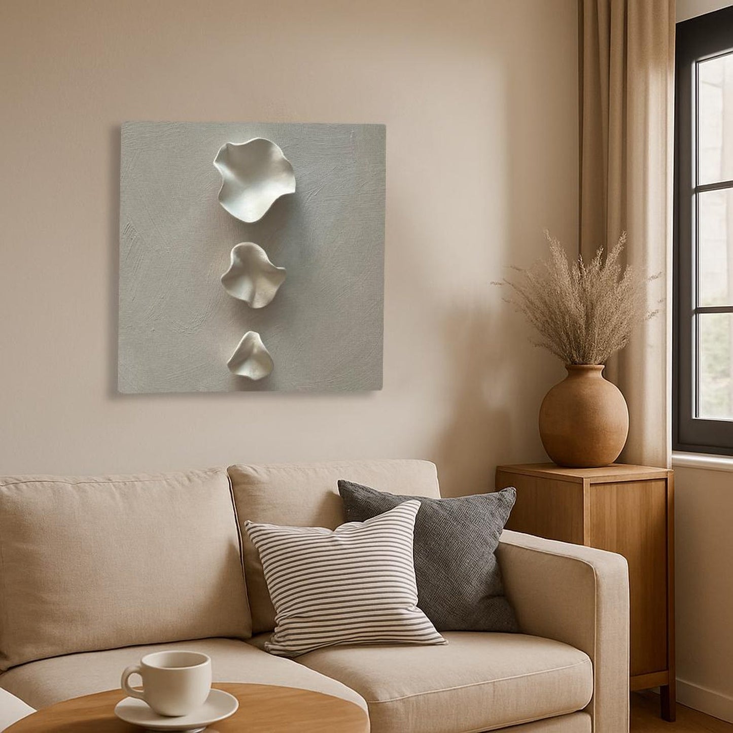 3D Sculpted Petal Canvas Wall Art – Warm Grey & White