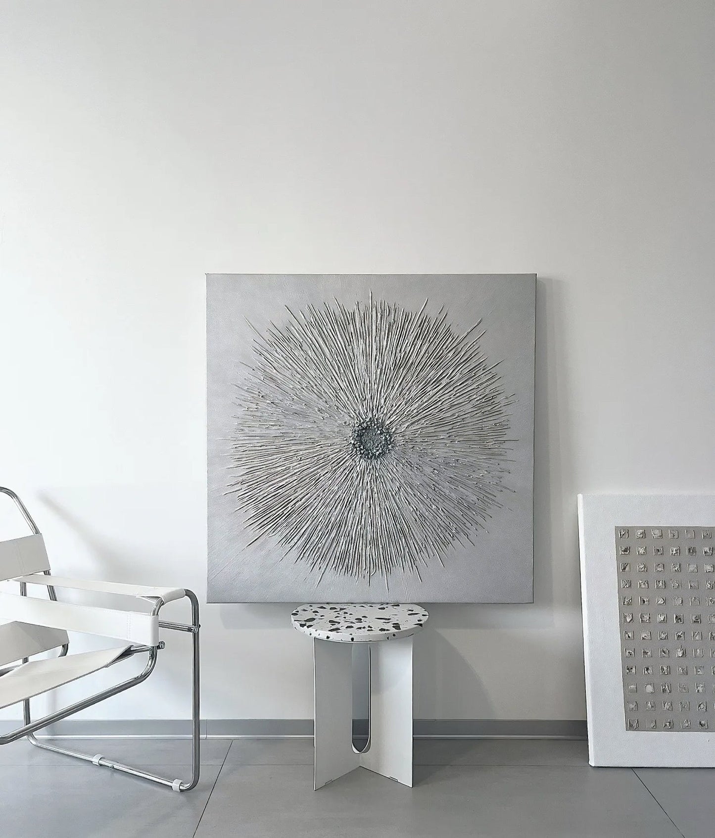 3D Starburst Canvas Wall Art – Silver Metallic Relief