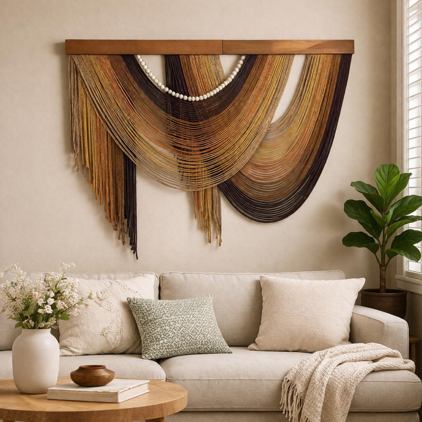 Large Macramé Wall Hanging – Cotton Yarn & Ceramic Beads