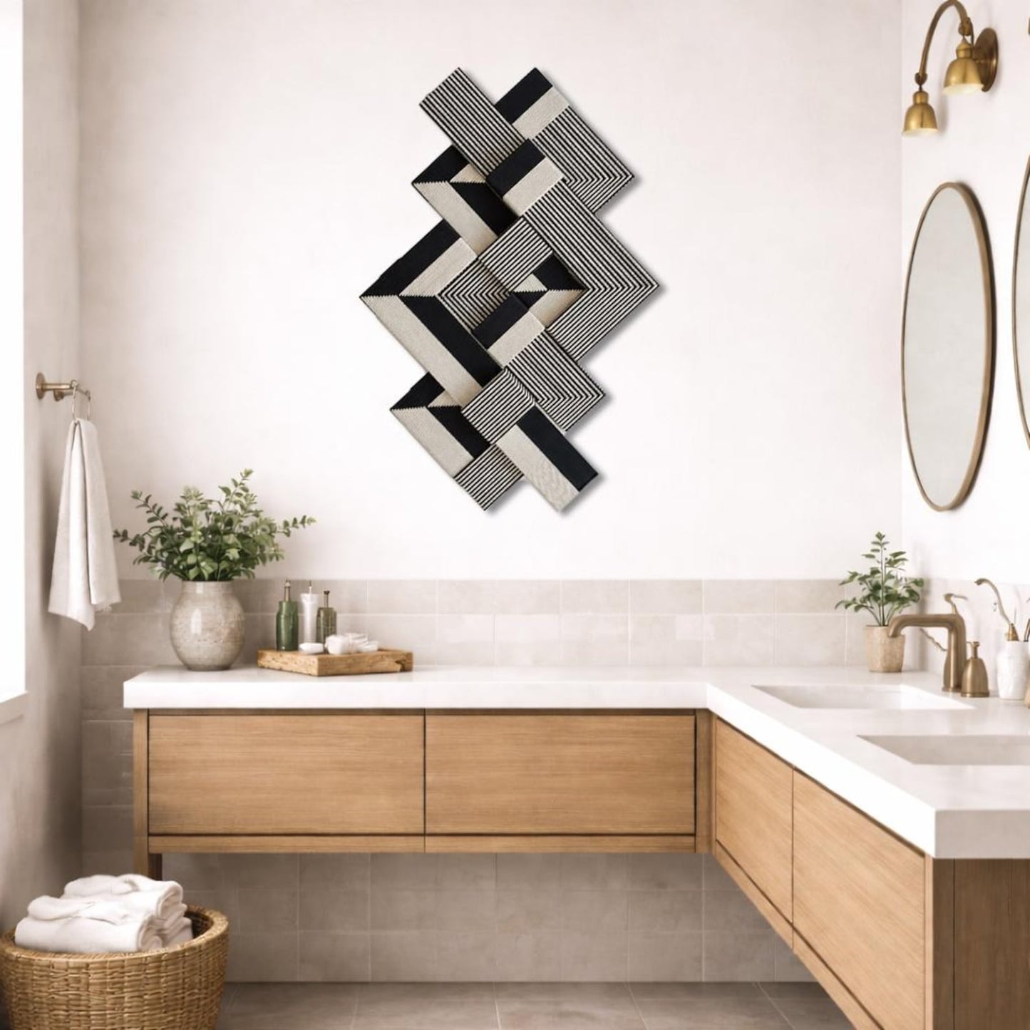 3D Geometric Fibre Wall Art – Cotton Rope & Wood Blocks
