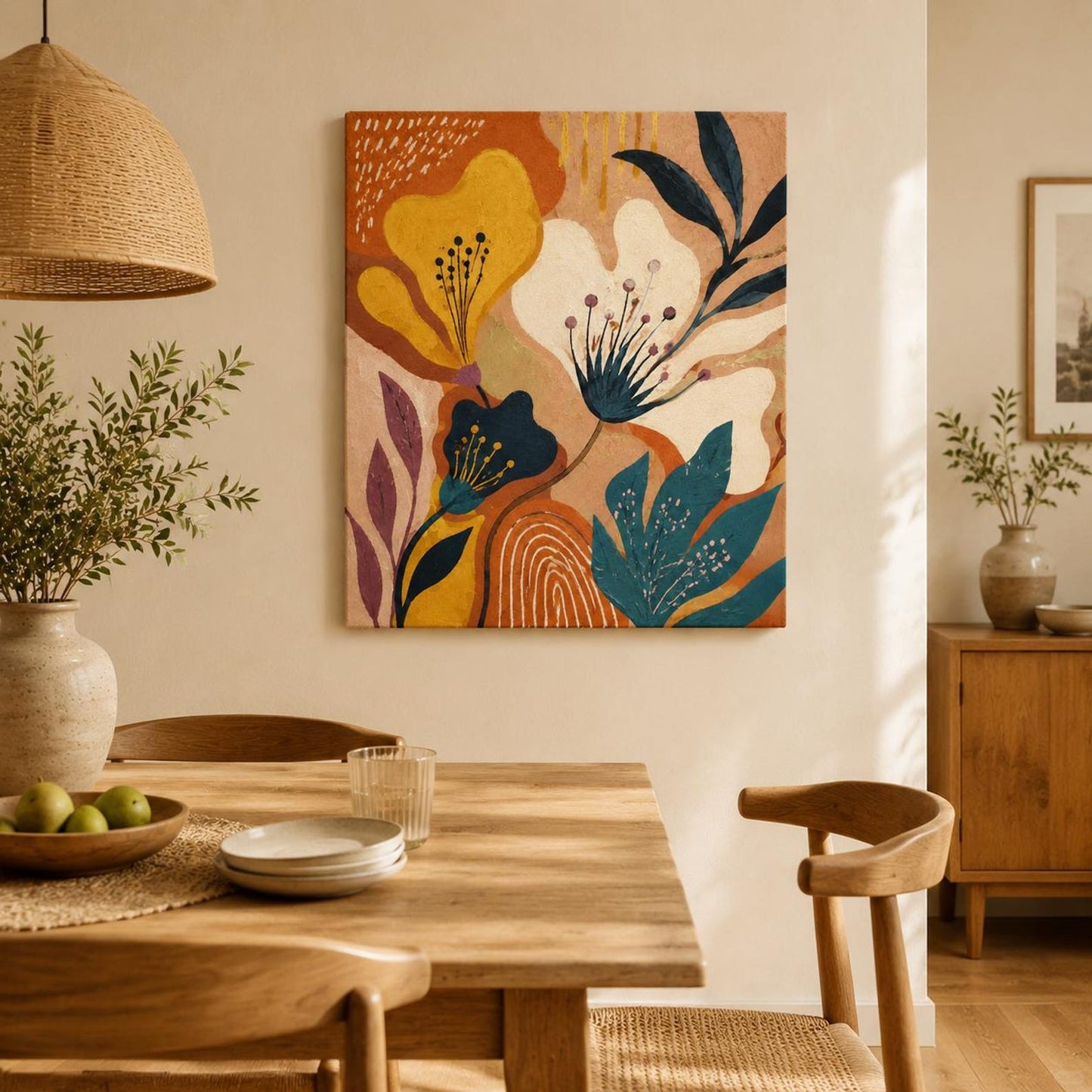 Abstract Floral Canvas Painting – Earth Tones & Teal