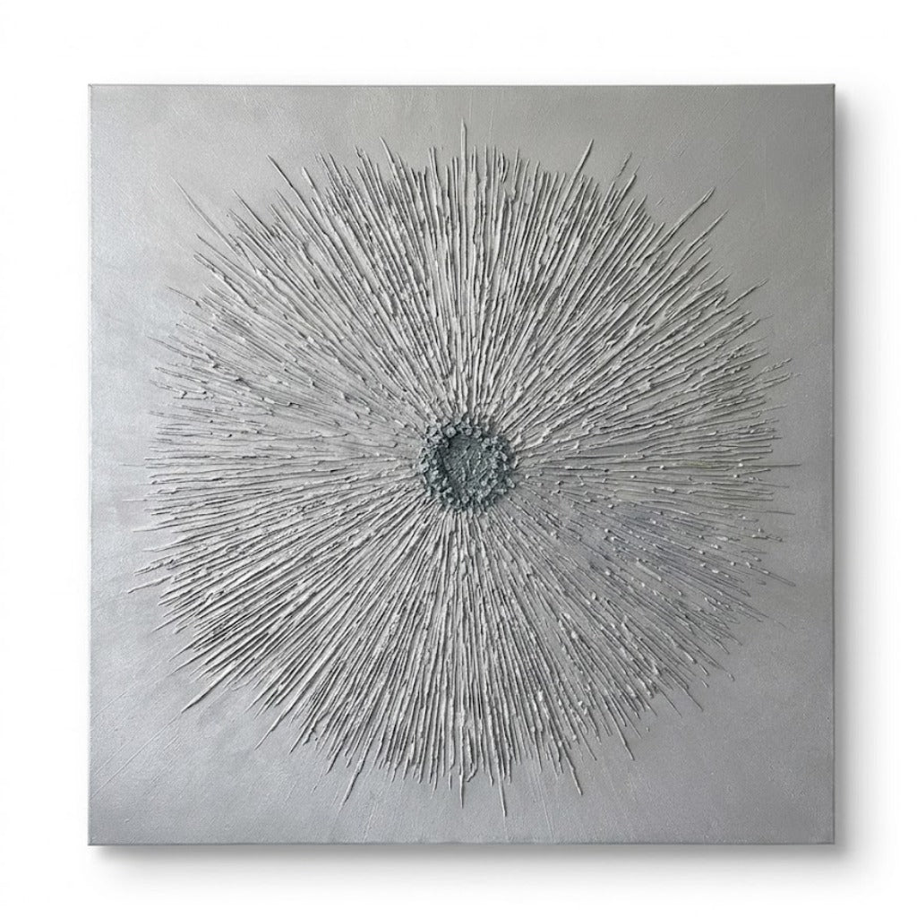 3D Starburst Canvas Wall Art – Silver Metallic Relief