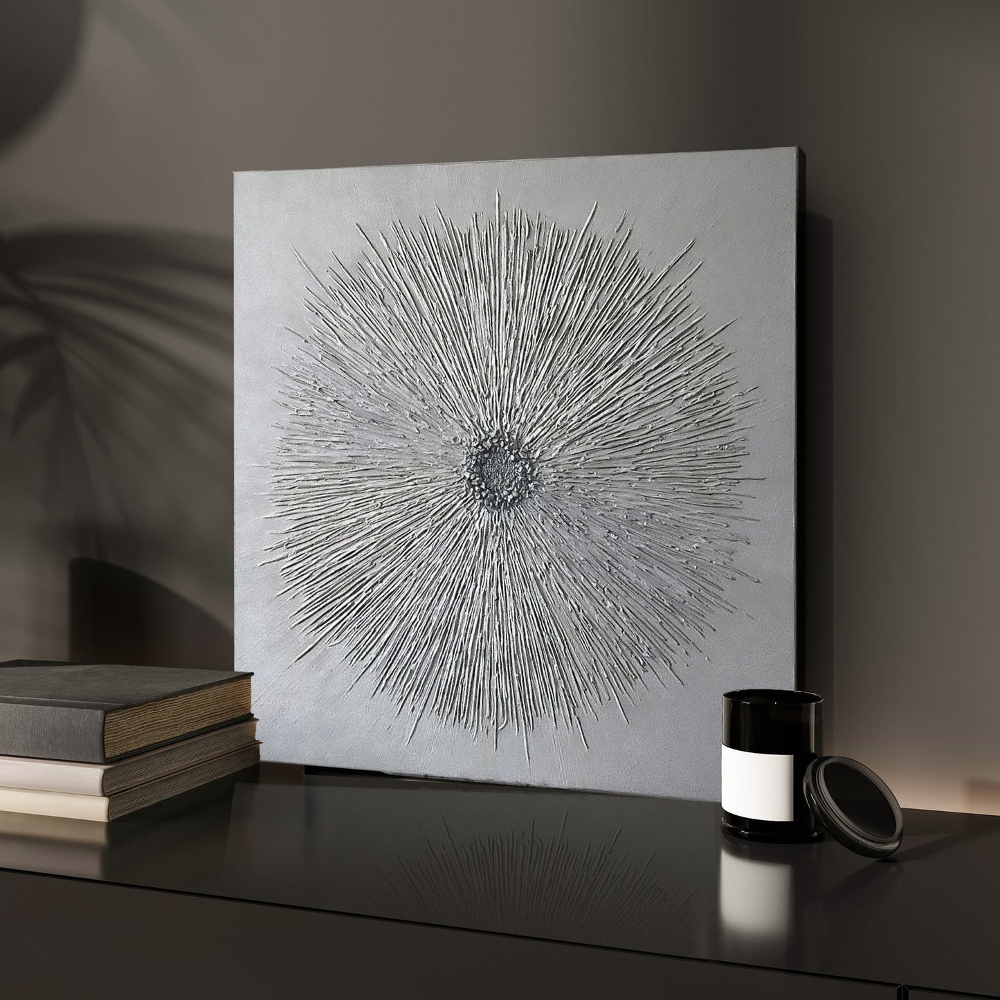 3D Starburst Canvas Wall Art – Silver Metallic Relief