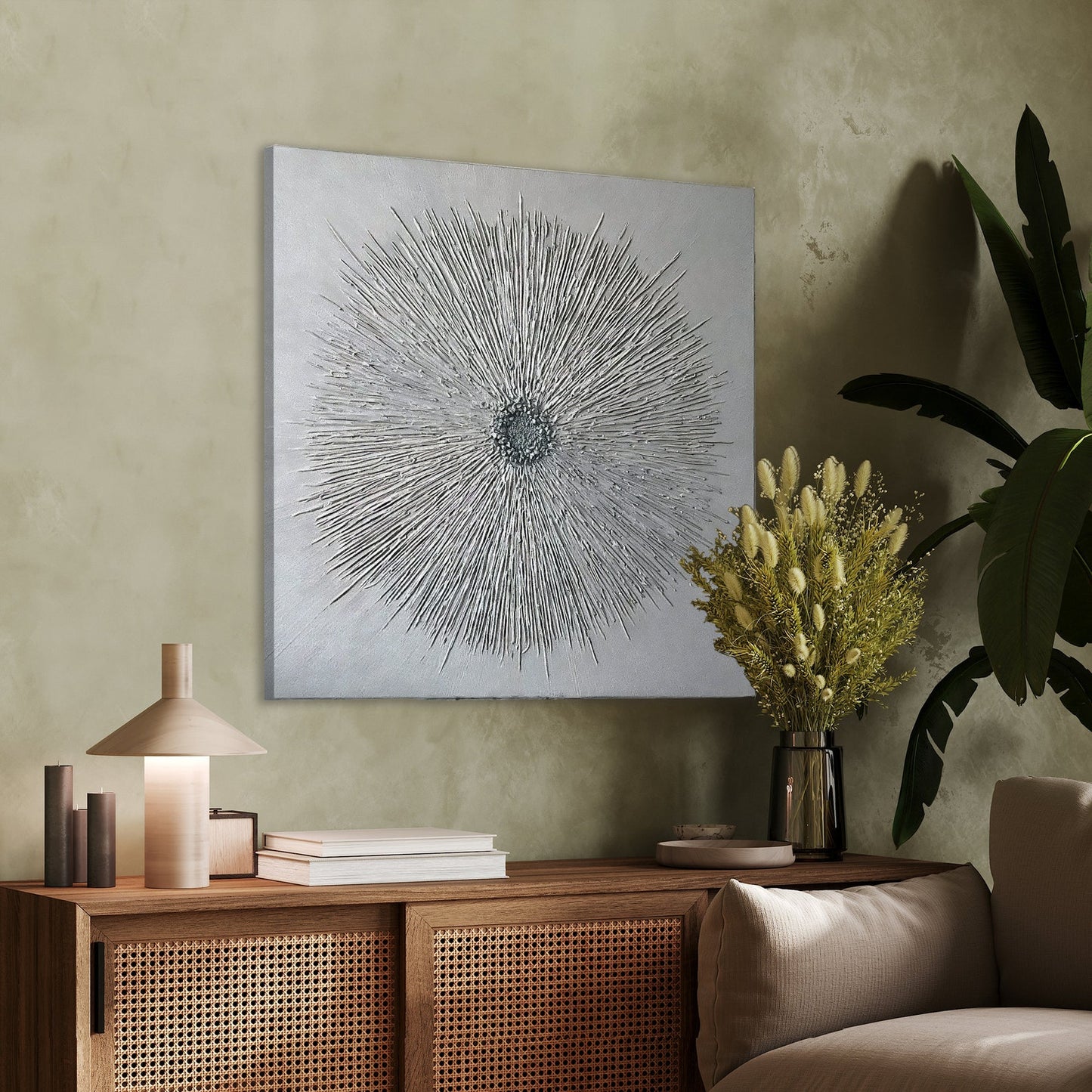 3D Starburst Canvas Wall Art – Silver Metallic Relief