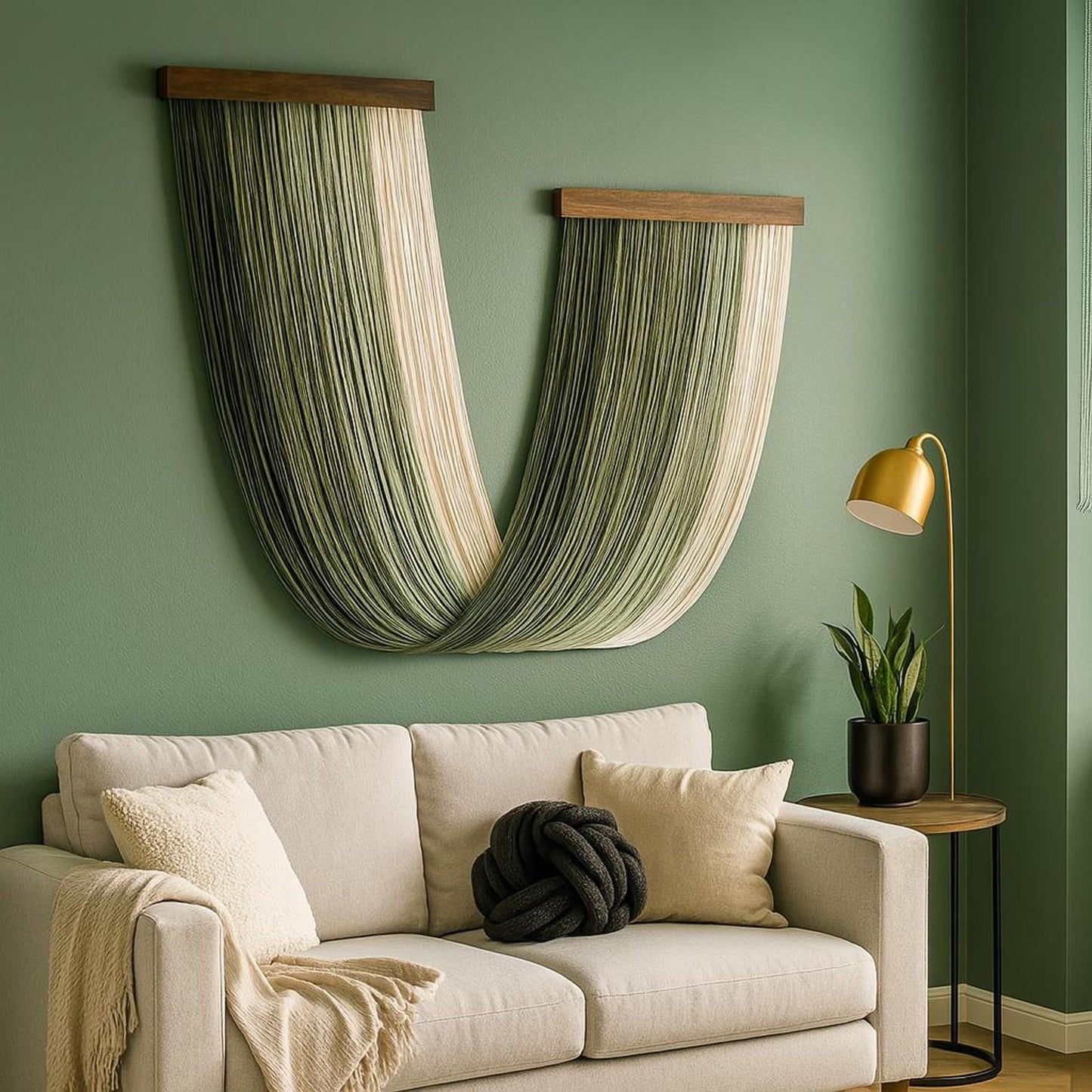 Yarn Wall Hanging – Sage Green & Cream – Dual Wood Rod