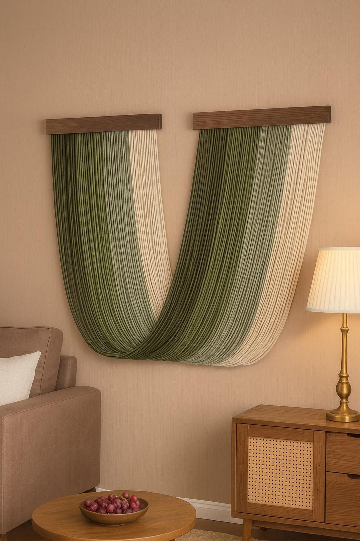 Yarn Wall Hanging – Sage Green & Cream – Dual Wood Rod