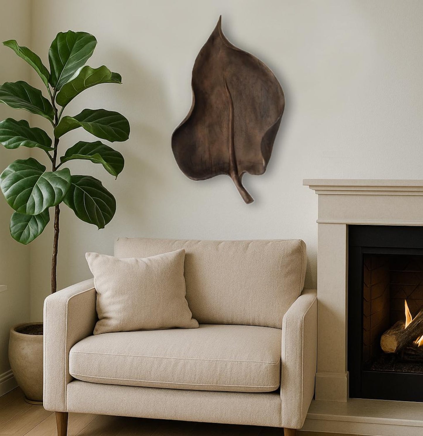 Hand-Carved Leaf Wall Sculpture – Solid Poplar – Dark Brown