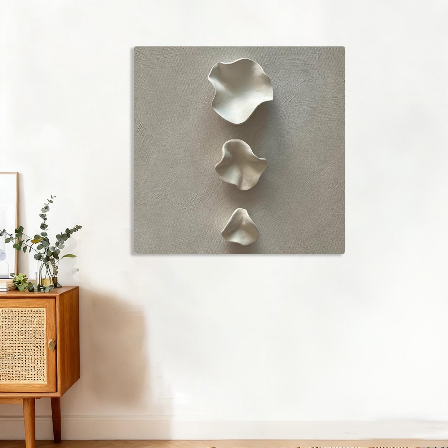 3D Sculpted Petal Canvas Wall Art – Warm Grey & White