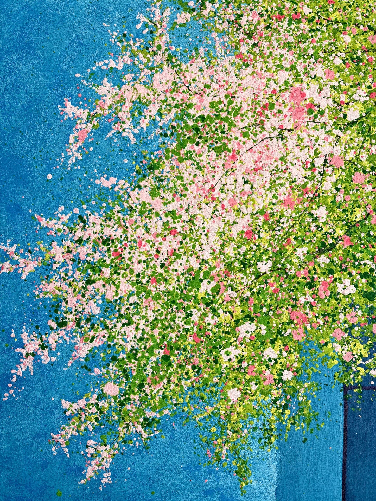 Cat & Blossom Canvas Painting – Cerulean Blue