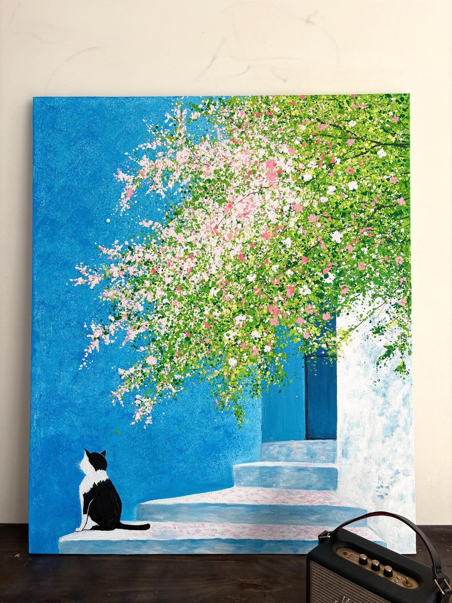 Cat & Blossom Canvas Painting – Cerulean Blue