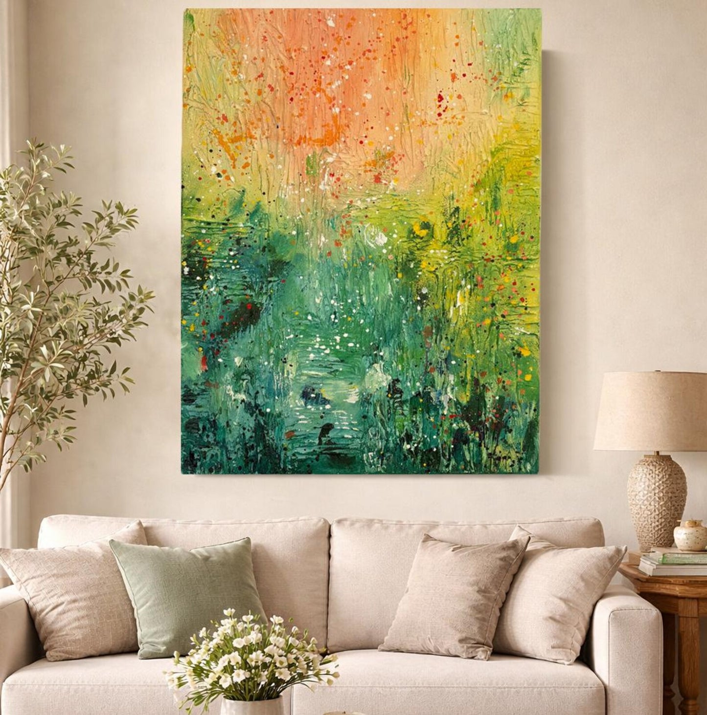 Textured Landscape Canvas Painting – Green & Orange