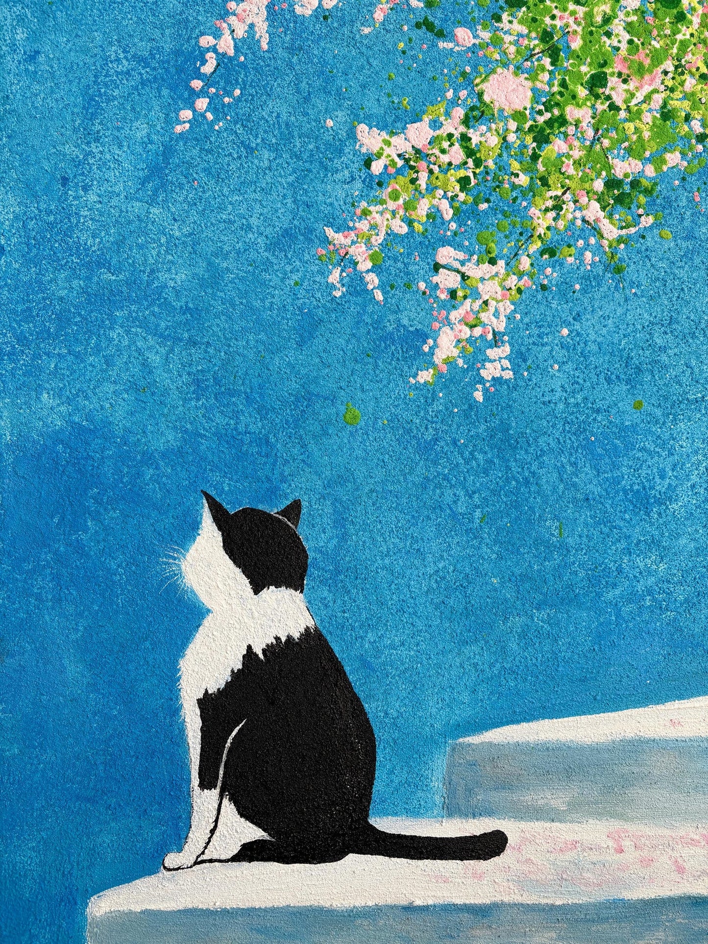 Cat & Blossom Canvas Painting – Cerulean Blue