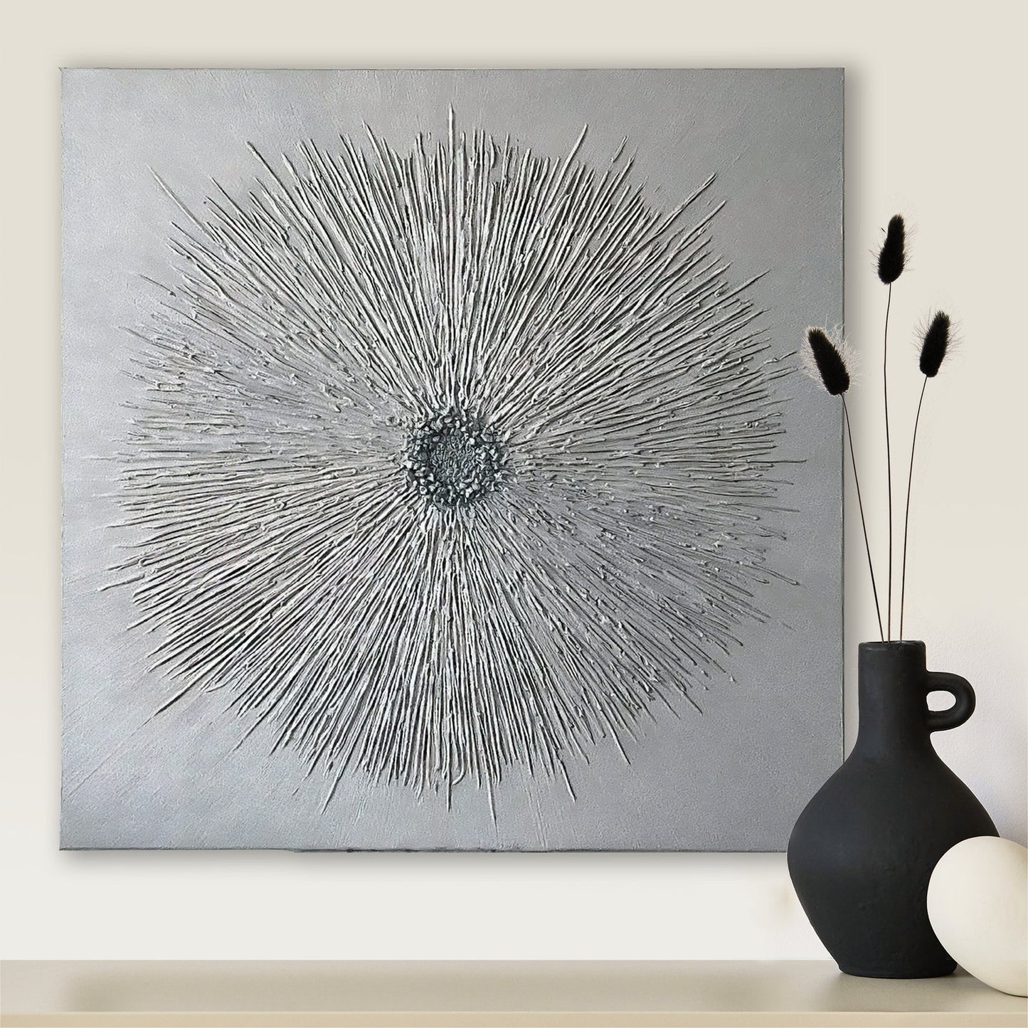 3D Starburst Canvas Wall Art – Silver Metallic Relief