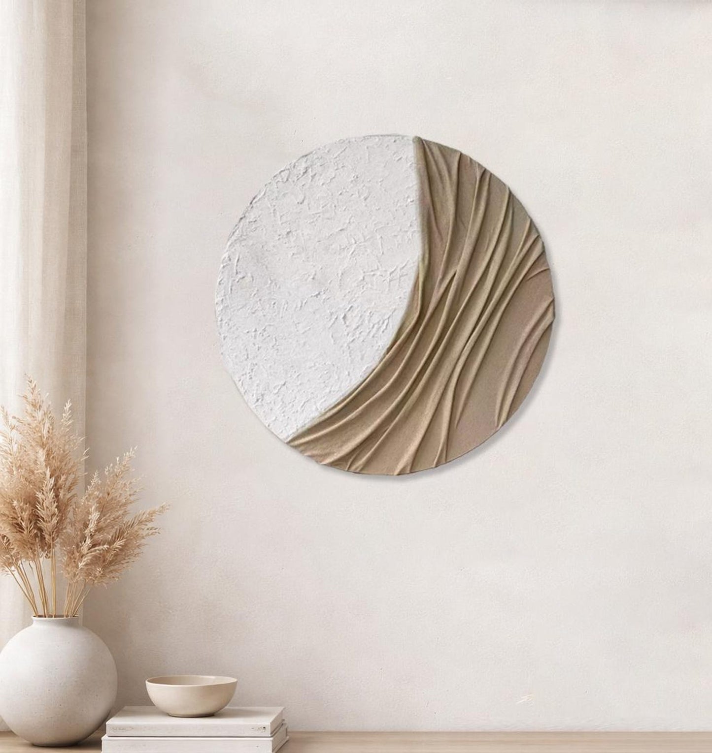 3D Plaster Relief Wall Panel – Off-White & Sand – Circle