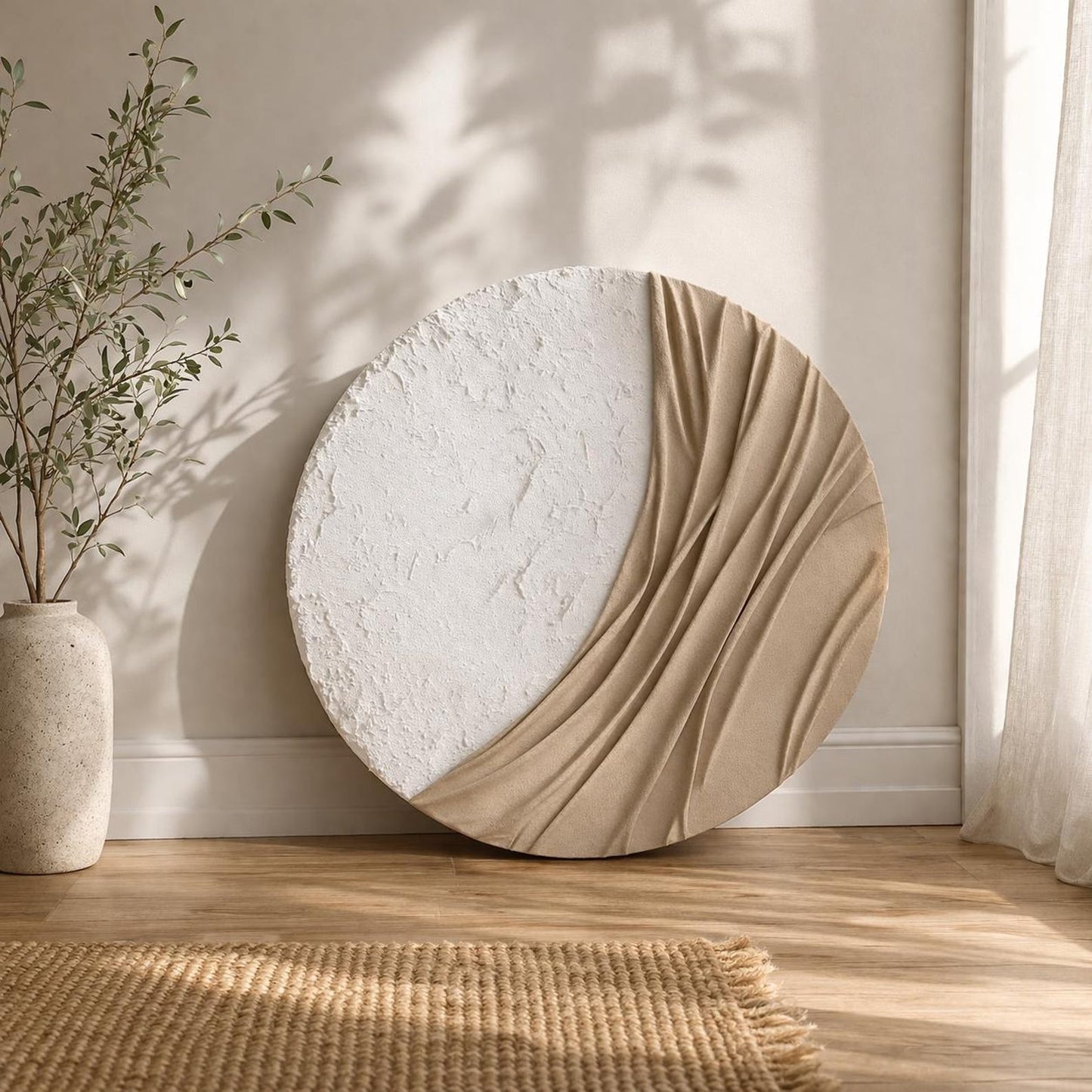 3D Plaster Relief Wall Panel – Off-White & Sand – Circle