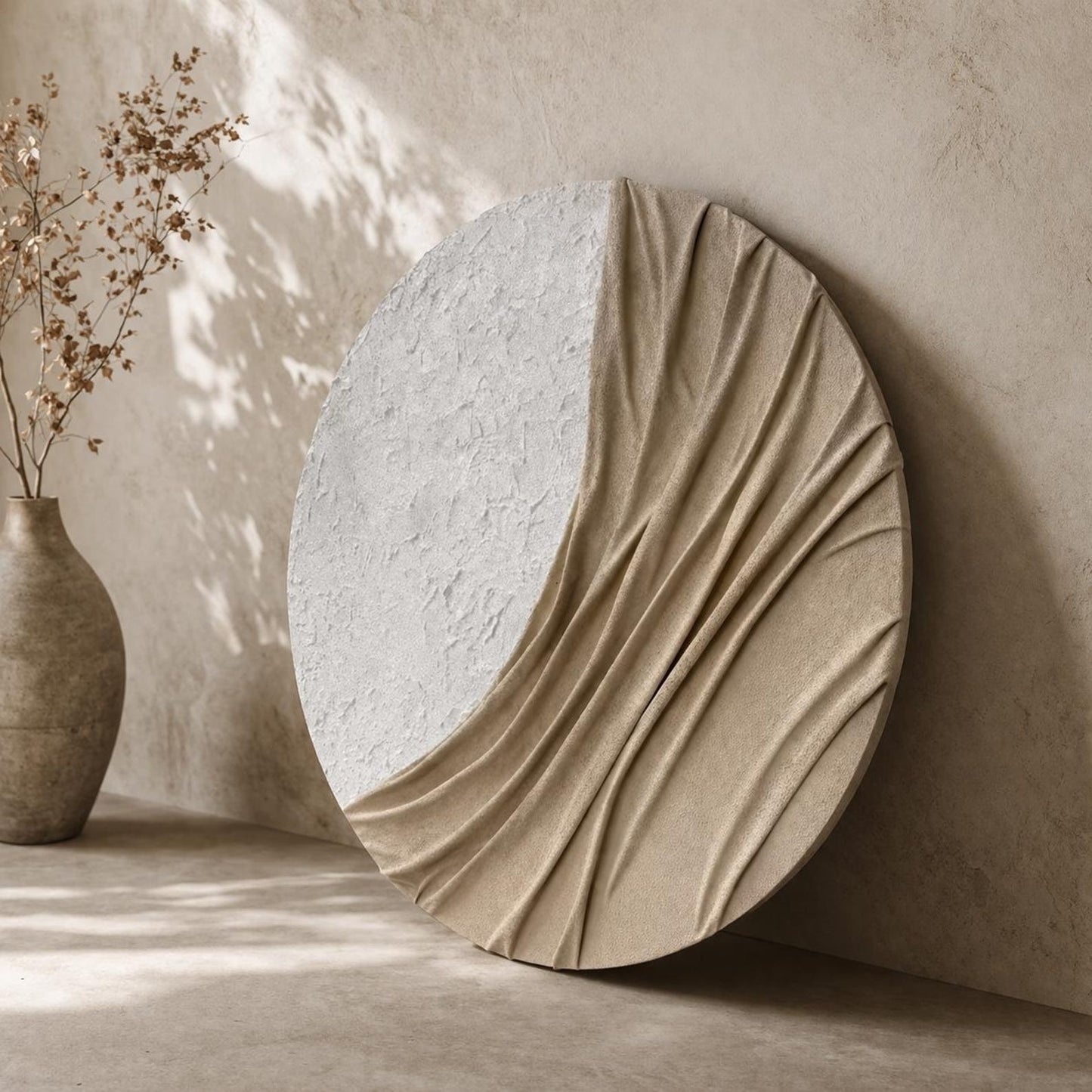 3D Plaster Relief Wall Panel – Off-White & Sand – Circle