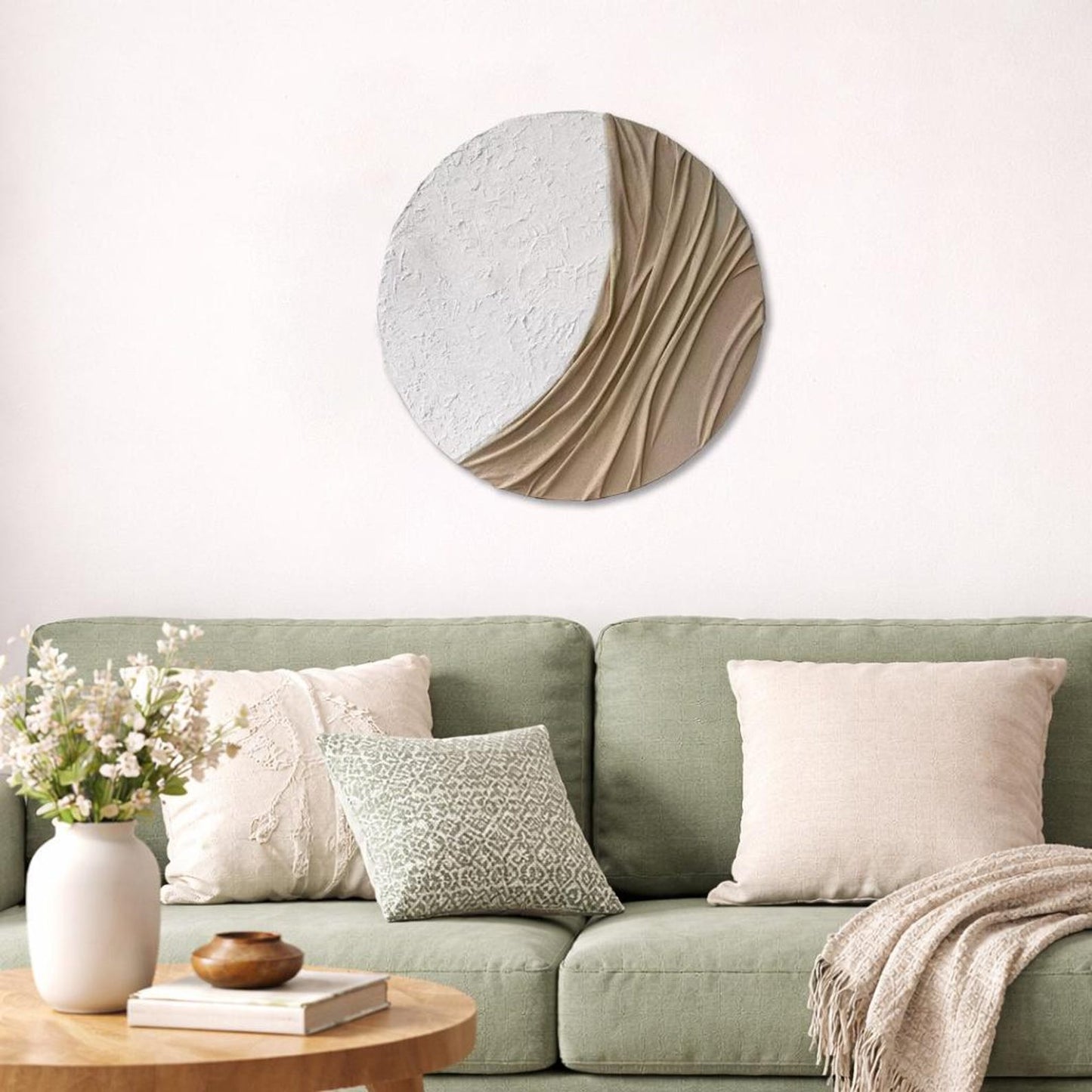 3D Plaster Relief Wall Panel – Off-White & Sand – Circle