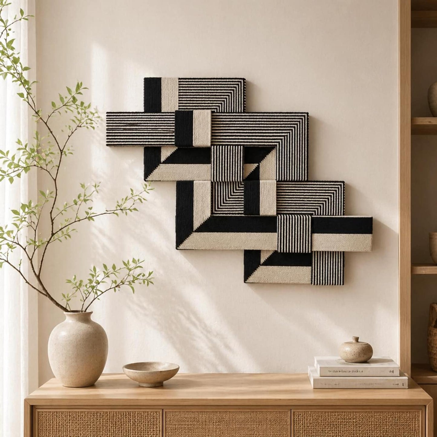 3D Geometric Fibre Wall Art – Cotton Rope & Wood Blocks