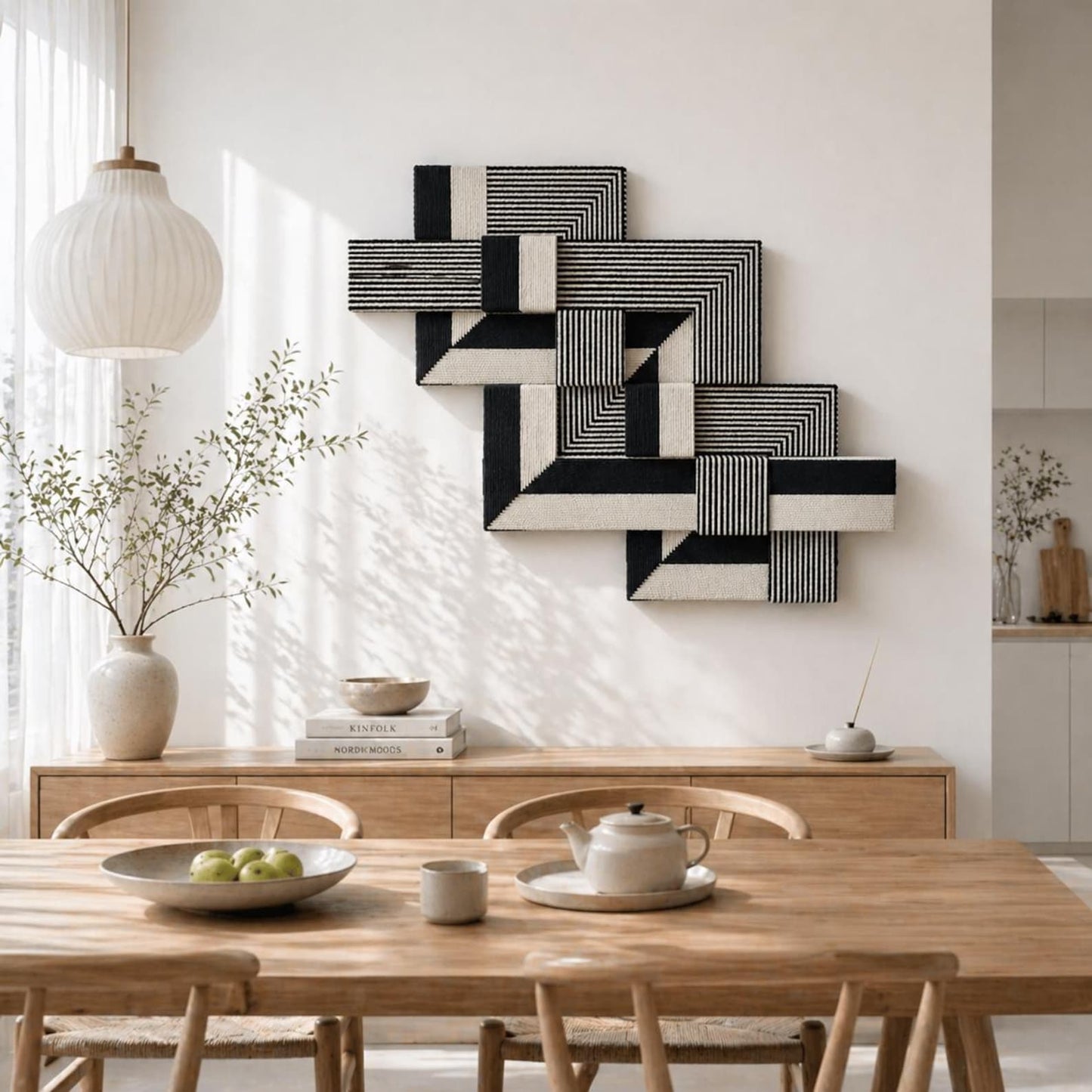 3D Geometric Fibre Wall Art – Cotton Rope & Wood Blocks