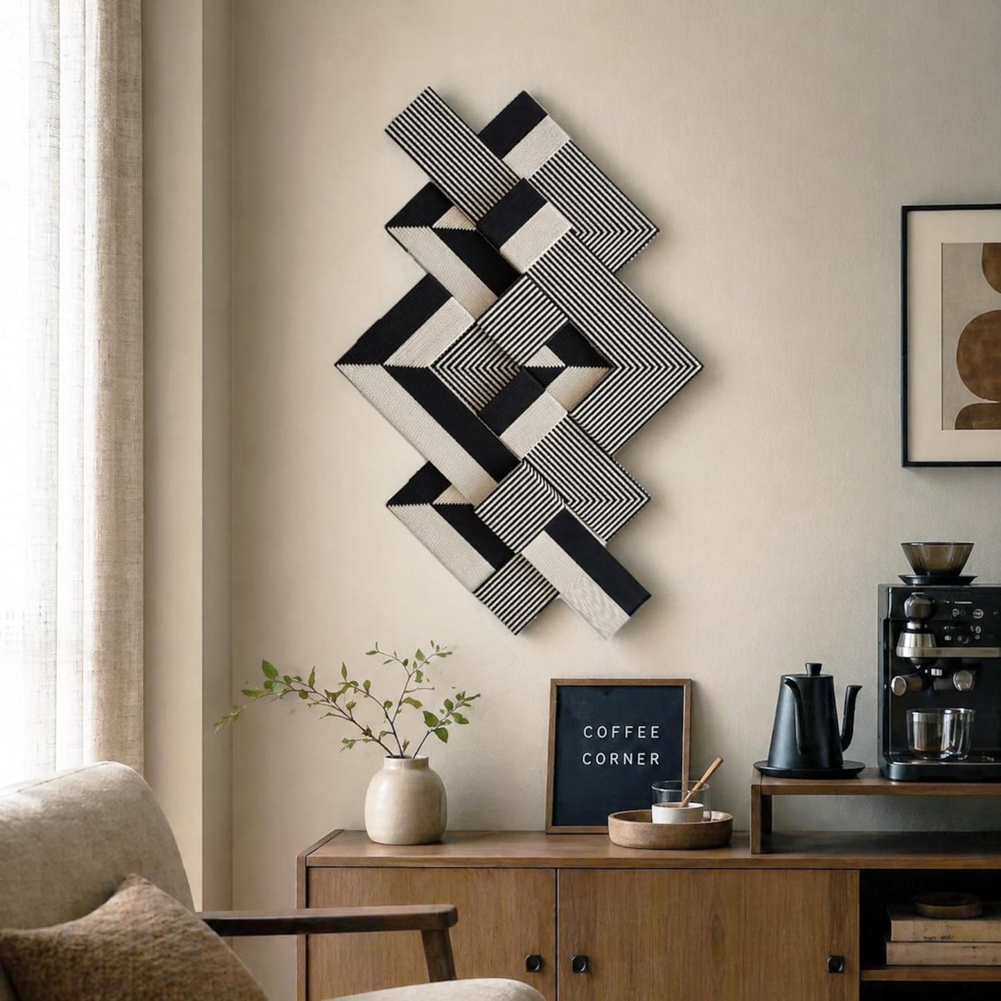 3D Geometric Fibre Wall Art – Cotton Rope & Wood Blocks