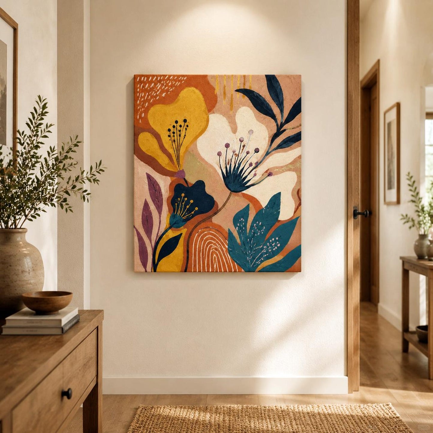 Abstract Floral Canvas Painting – Earth Tones & Teal