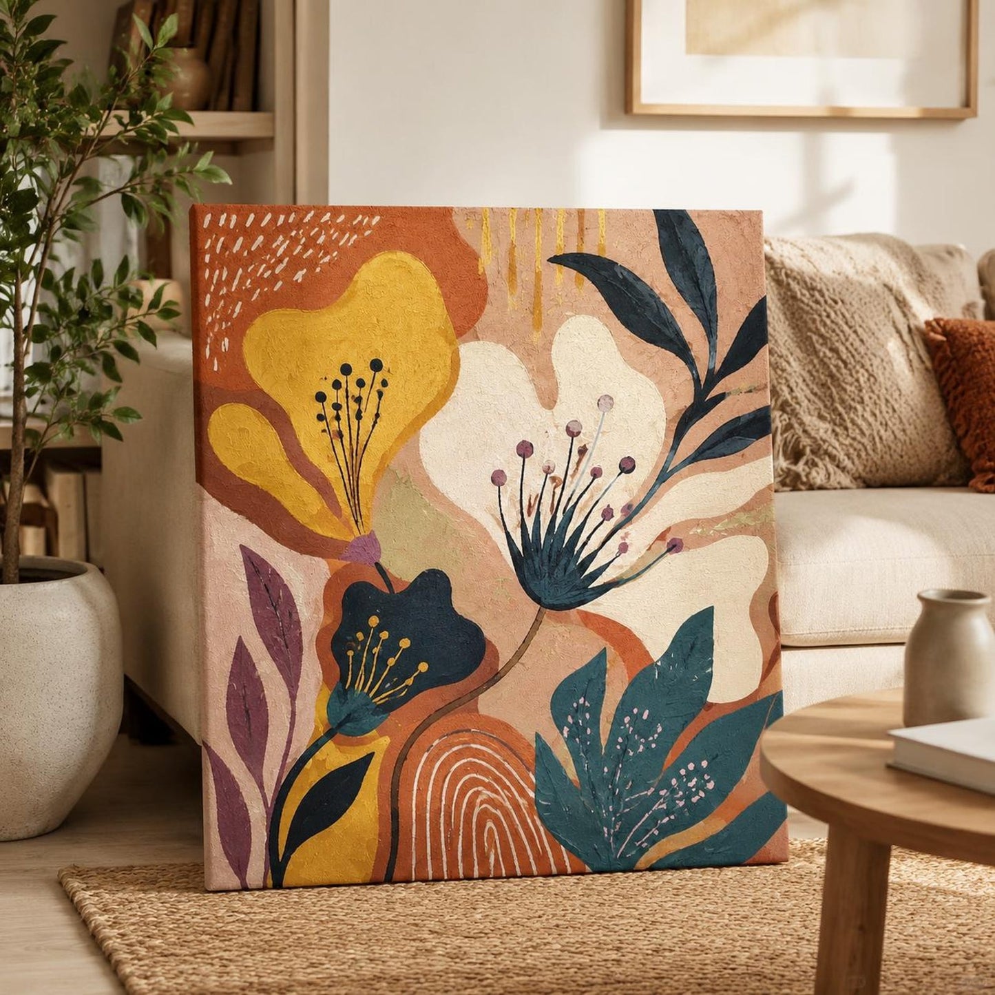 Abstract Floral Canvas Painting – Earth Tones & Teal