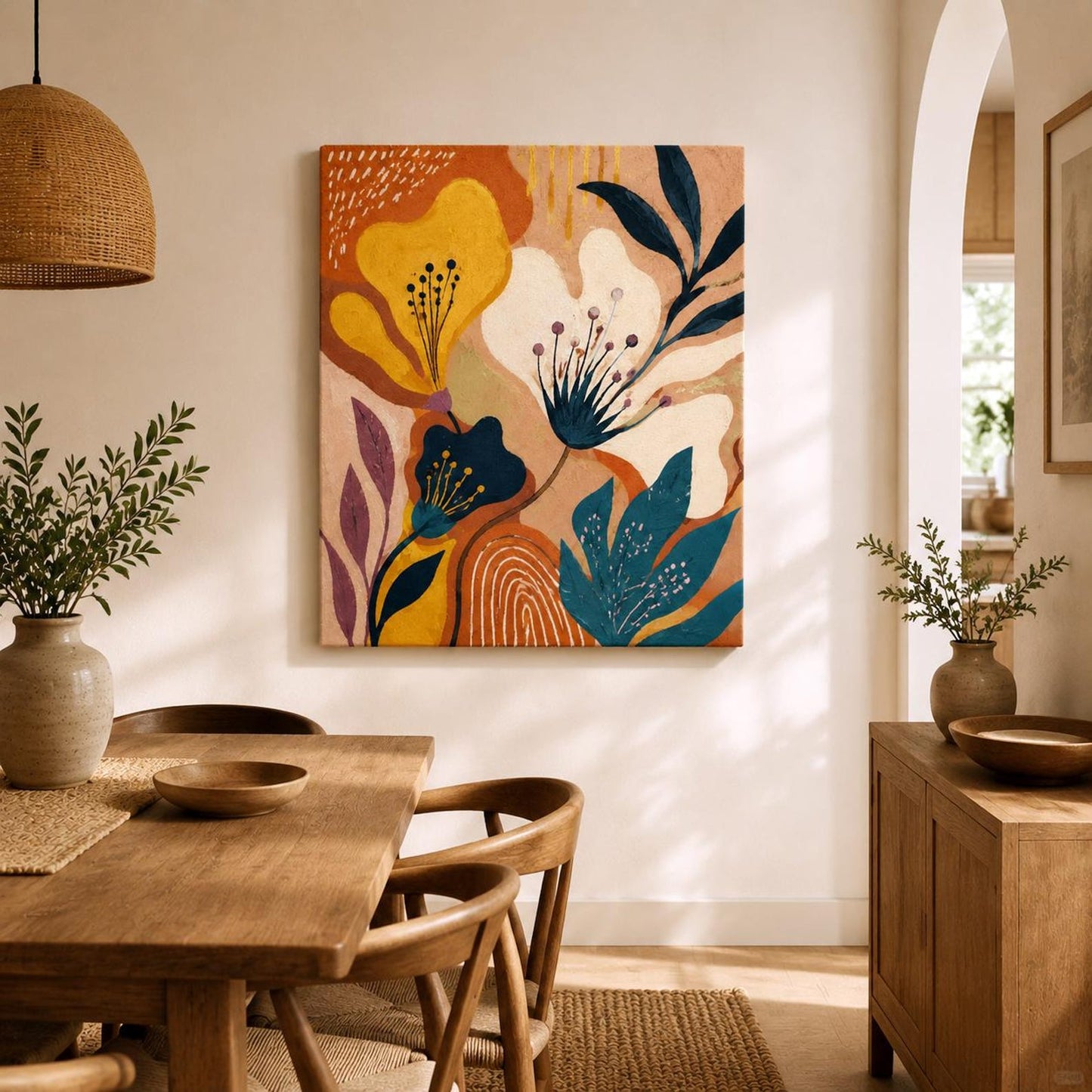 Abstract Floral Canvas Painting – Earth Tones & Teal