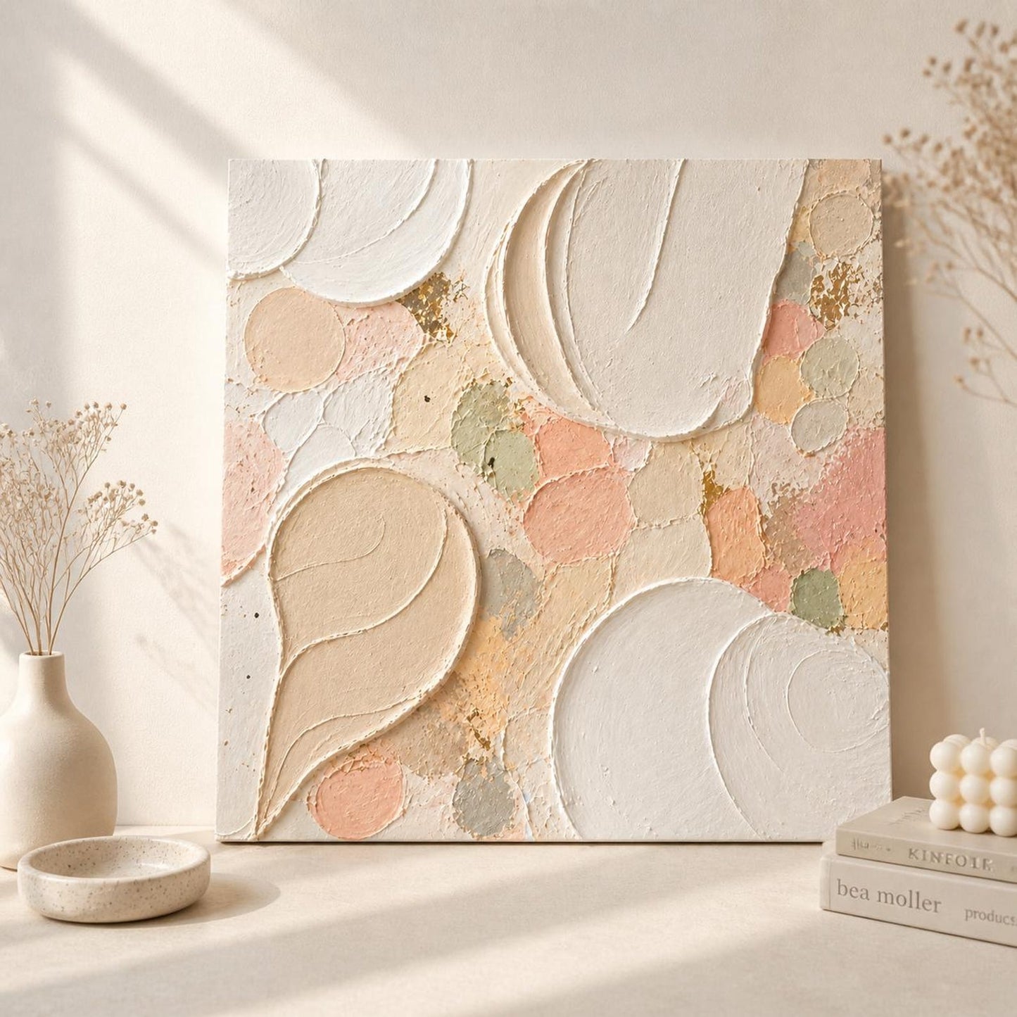 3D Carved Relief Wall Panel – Pastel & Gold Accent
