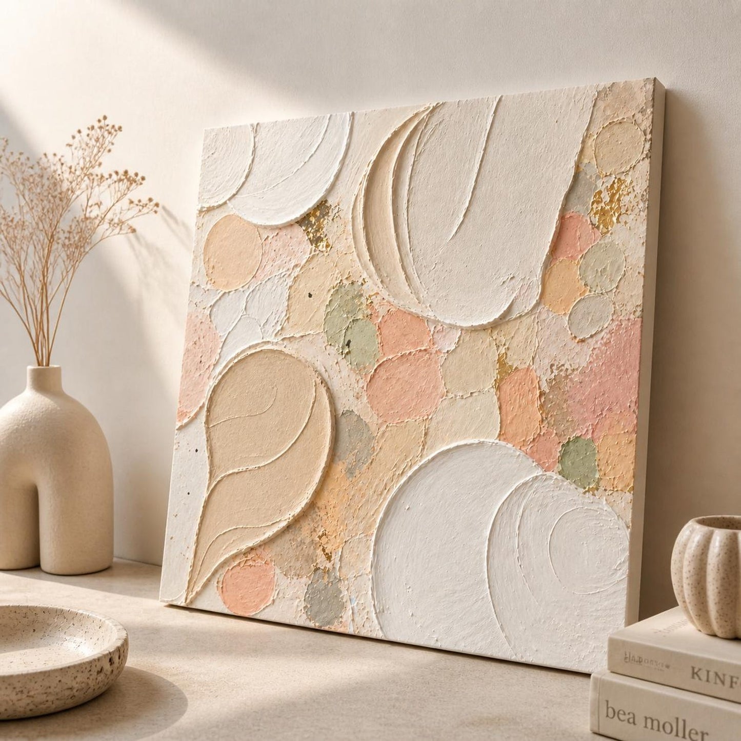 3D Carved Relief Wall Panel – Pastel & Gold Accent
