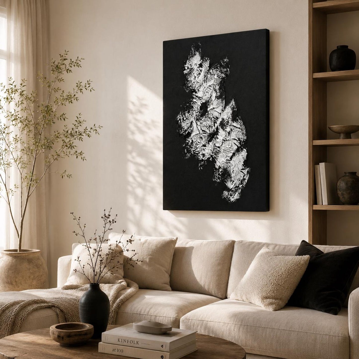 3D Textured Canvas Wall Art – Black & White Organic Relief