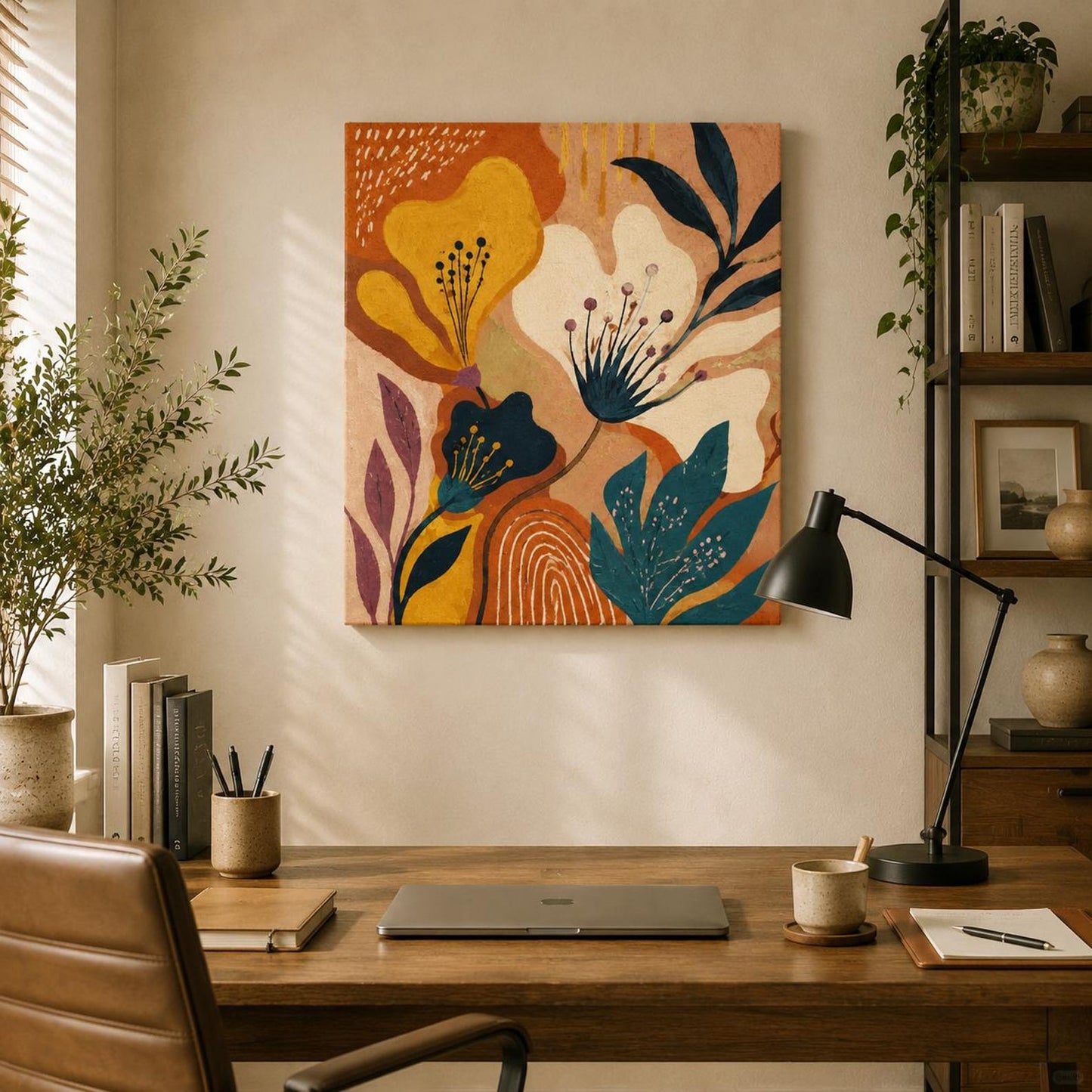 Abstract Floral Canvas Painting – Earth Tones & Teal