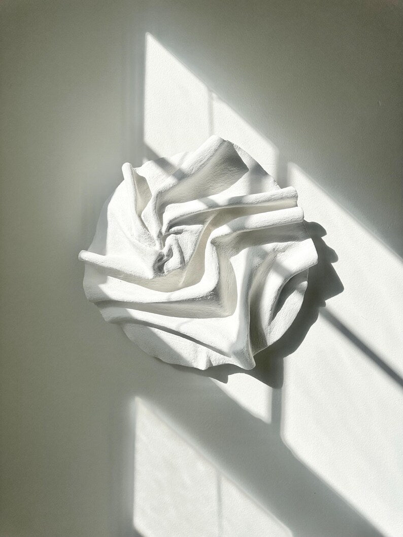 Circular Plaster & Fabric Wall Sculpture – Matte White