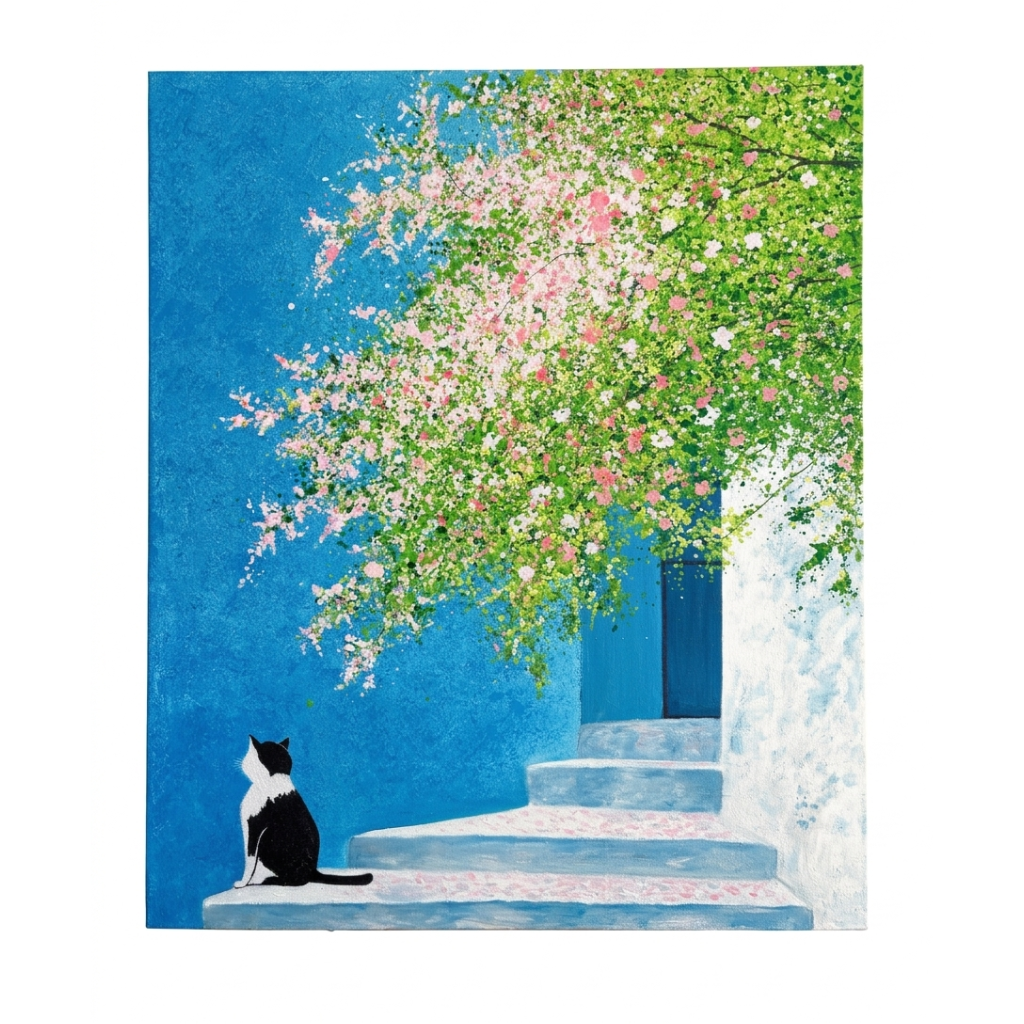 Cat & Blossom Canvas Painting – Cerulean Blue